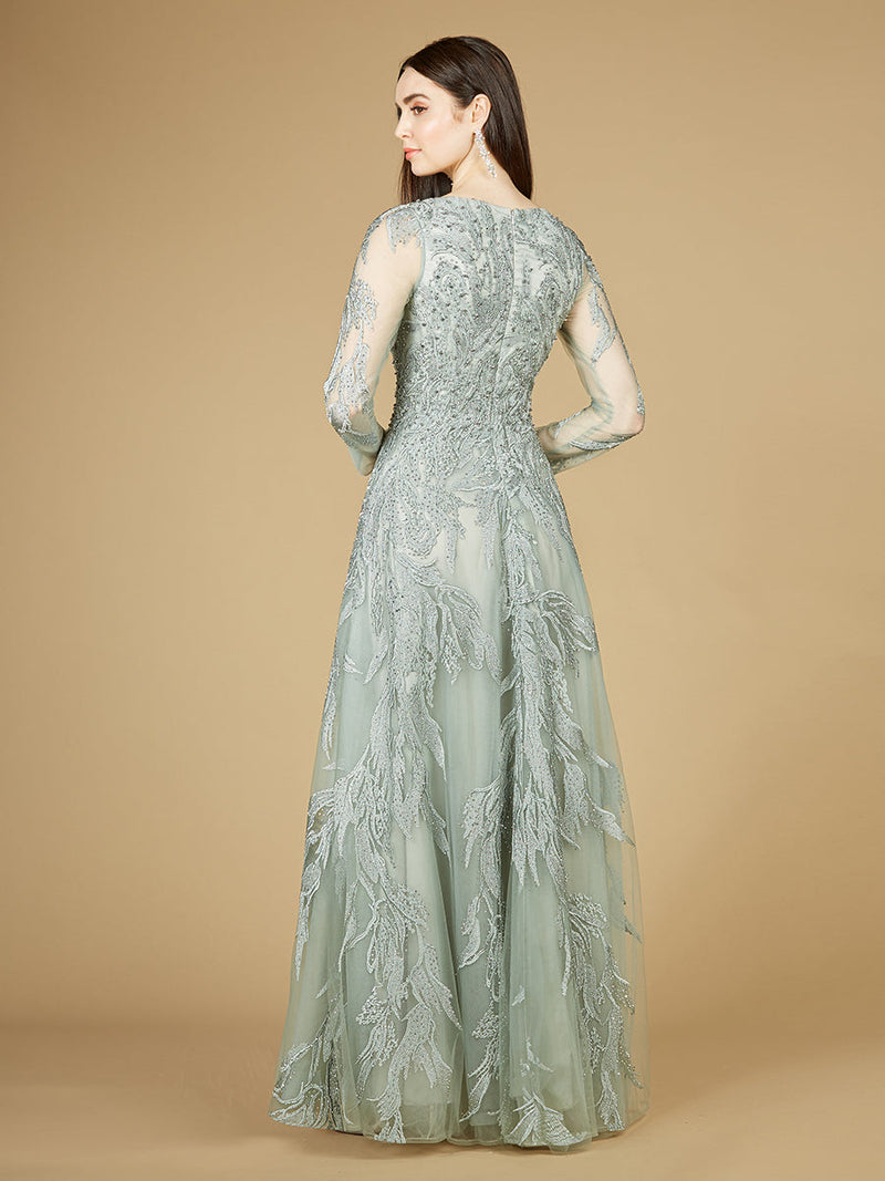 Long Sleeve Lace Ballgown with V-Neck