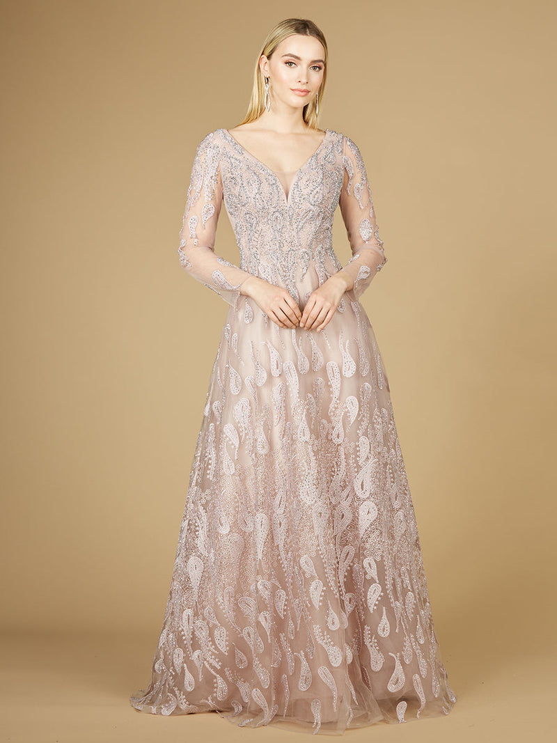 Long Sleeve V-Neck Ballgown  - OUTLET
