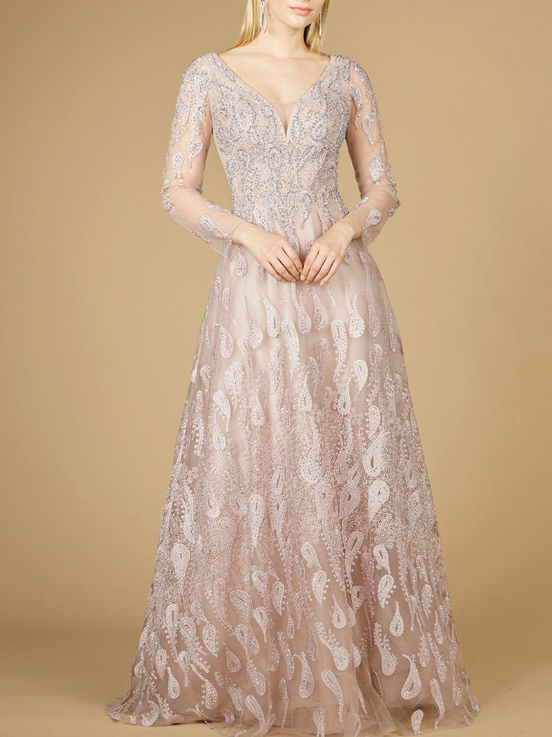 Long Sleeve V-Neck Ballgown  - OUTLET