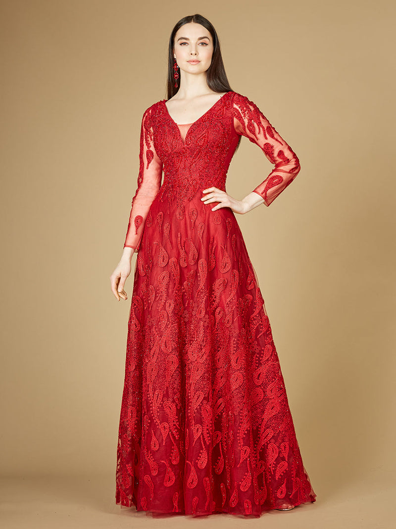 Long Sleeve V-Neck Ballgown  - OUTLET