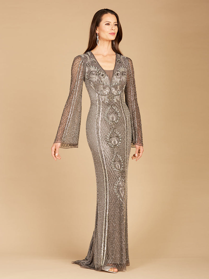 Long Bell Sleeve V-Neck Beaded Gown