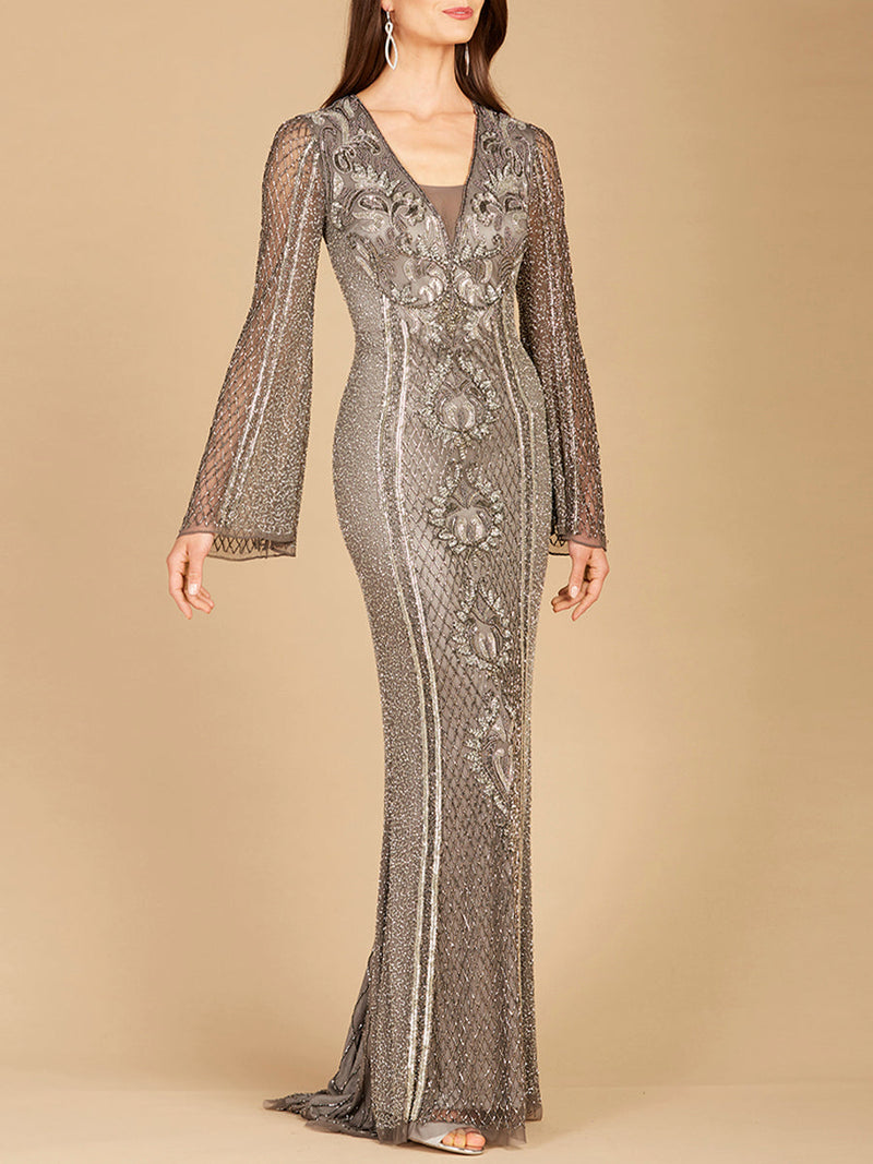 Long Bell Sleeve V-Neck Beaded Gown