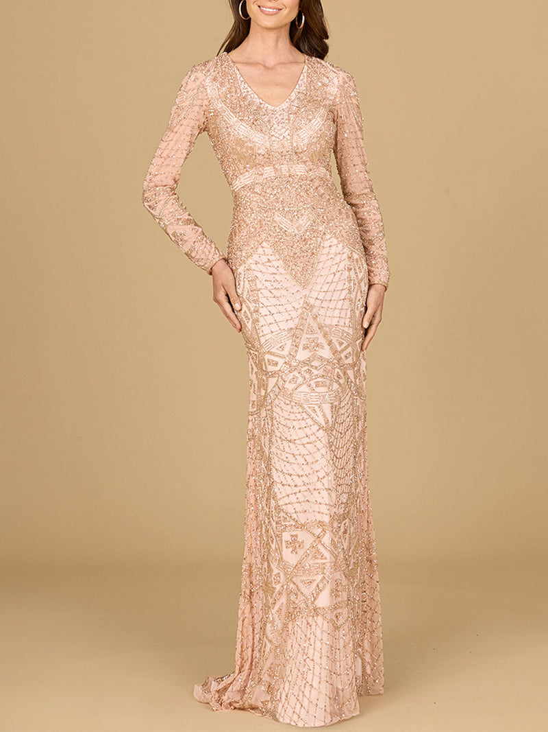 Beaded Long Sleeve V-neck Gown