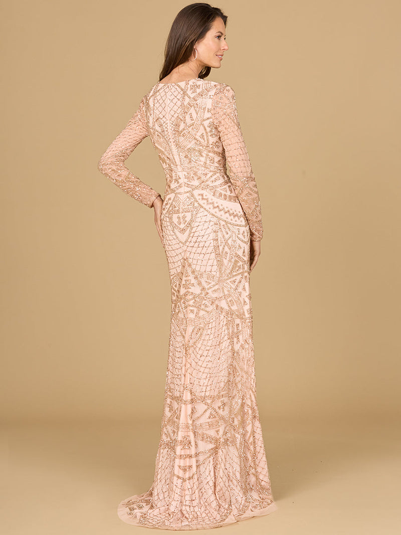 Beaded Long Sleeve V-neck Gown