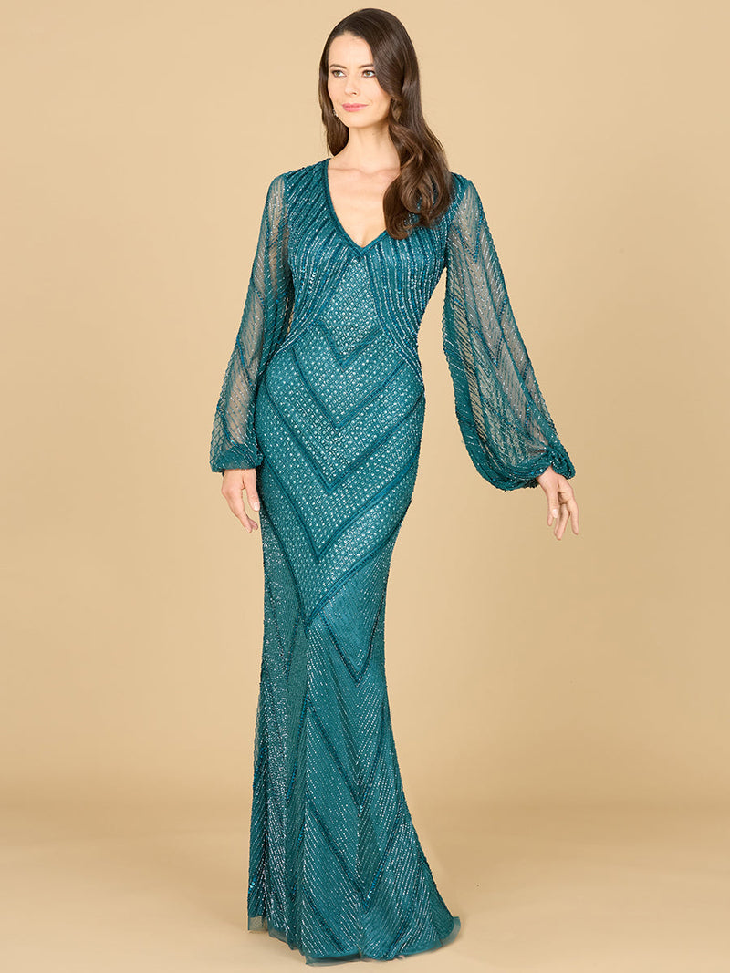 Long Sleeve Beaded Dress with Sheer Sleeves