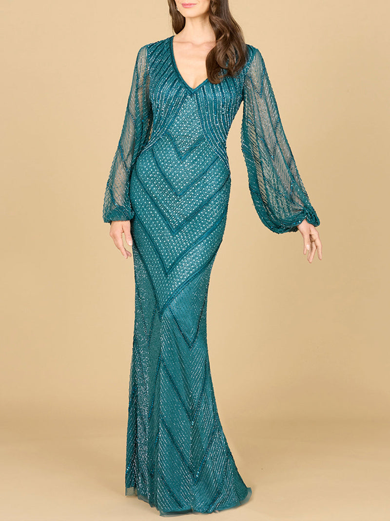 Long Sleeve Beaded Dress with Sheer Sleeves