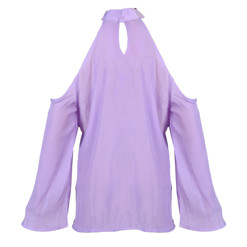 Women\'s Sexy Off The Shoulder Blouses Cold Shoulder Tops V-Neck Long Sleeve T-Shirt Solid Color Summer