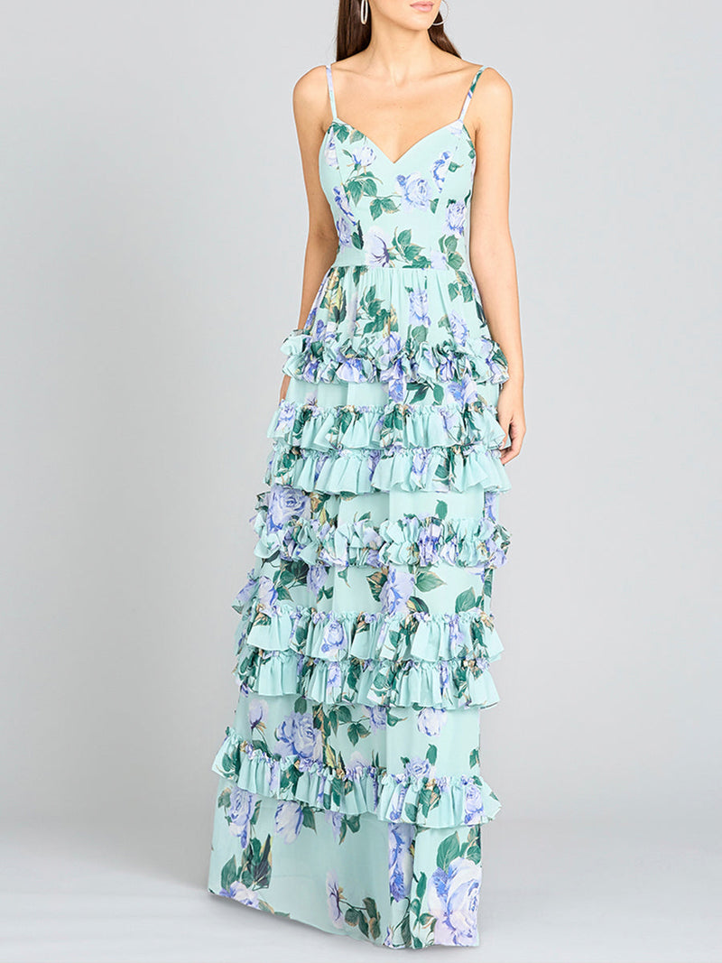 Ruffle Skirt Printed Gown with Spaghetti Straps - OUTLET