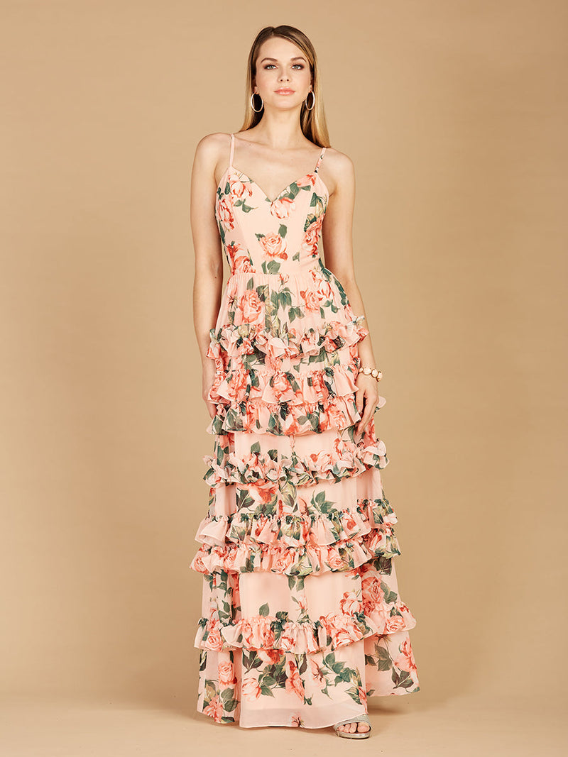 Ruffle Skirt Printed Gown with Spaghetti Straps - OUTLET