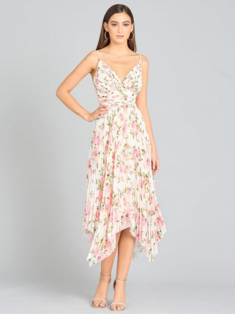 V-Neck Printed Midi Length Dress with Pleats