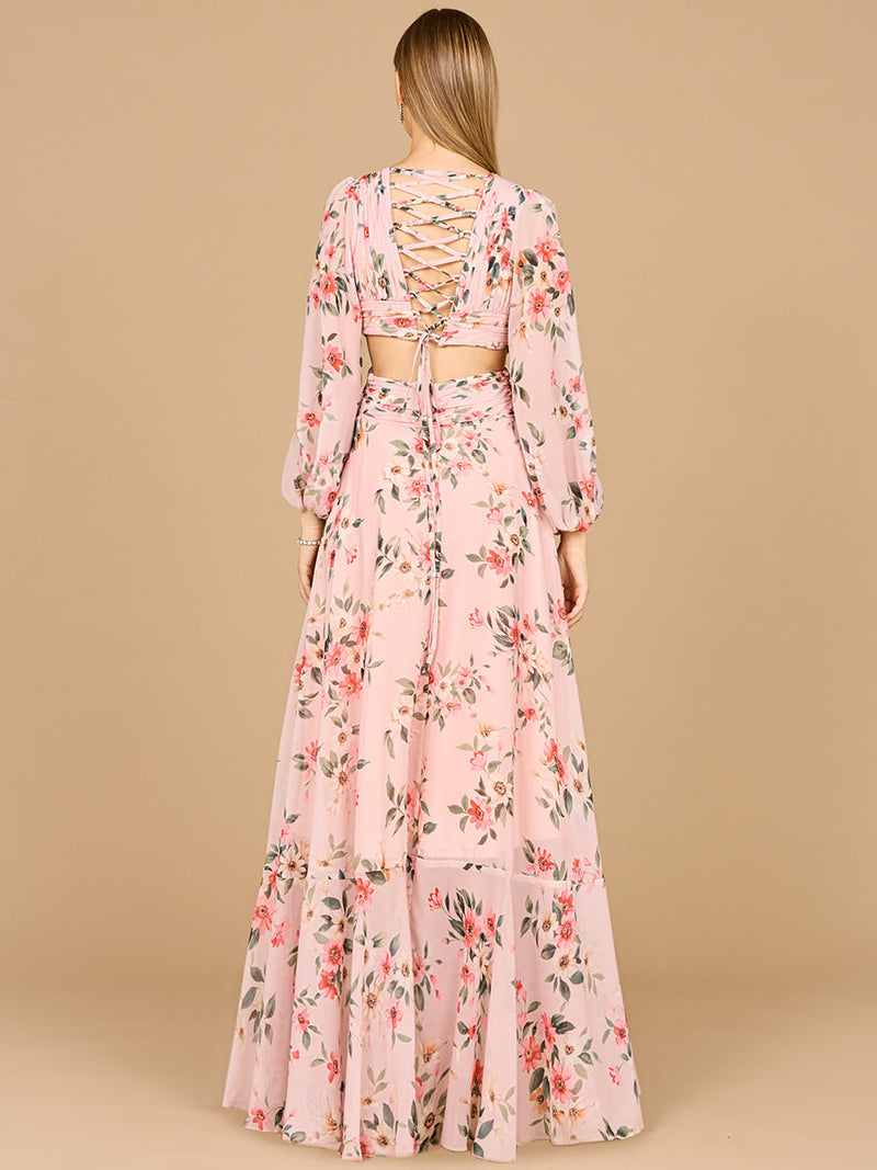 Long Sleeve V-Neck, Layered Skirt Print Dress- OUTLET