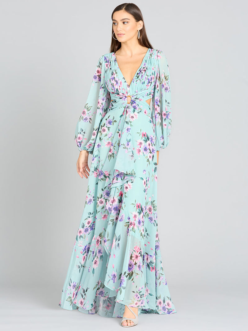 Long Sleeve V-Neck, Layered Skirt Print Dress- OUTLET