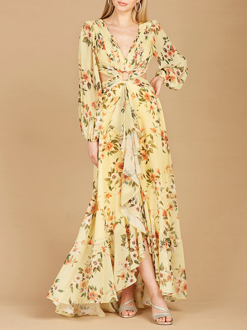 Long Sleeve V-Neck, Layered Skirt Print Dress- OUTLET