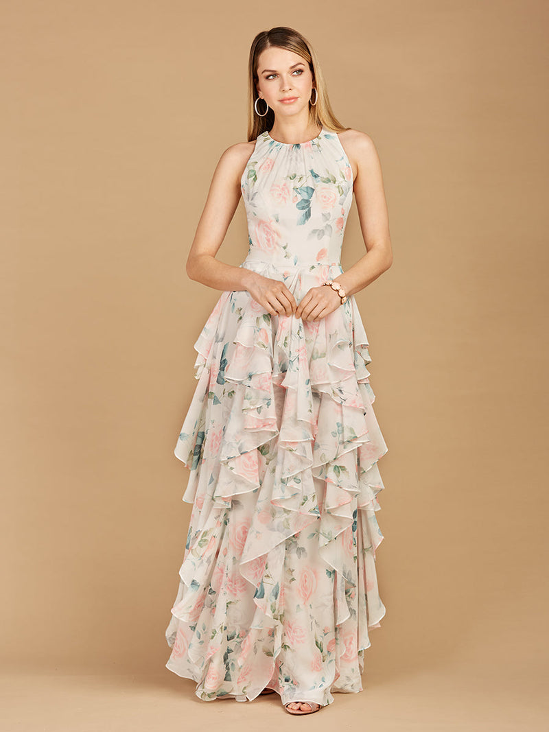 High Neck, Ruffled Skirt Printed Dress - OUTLET