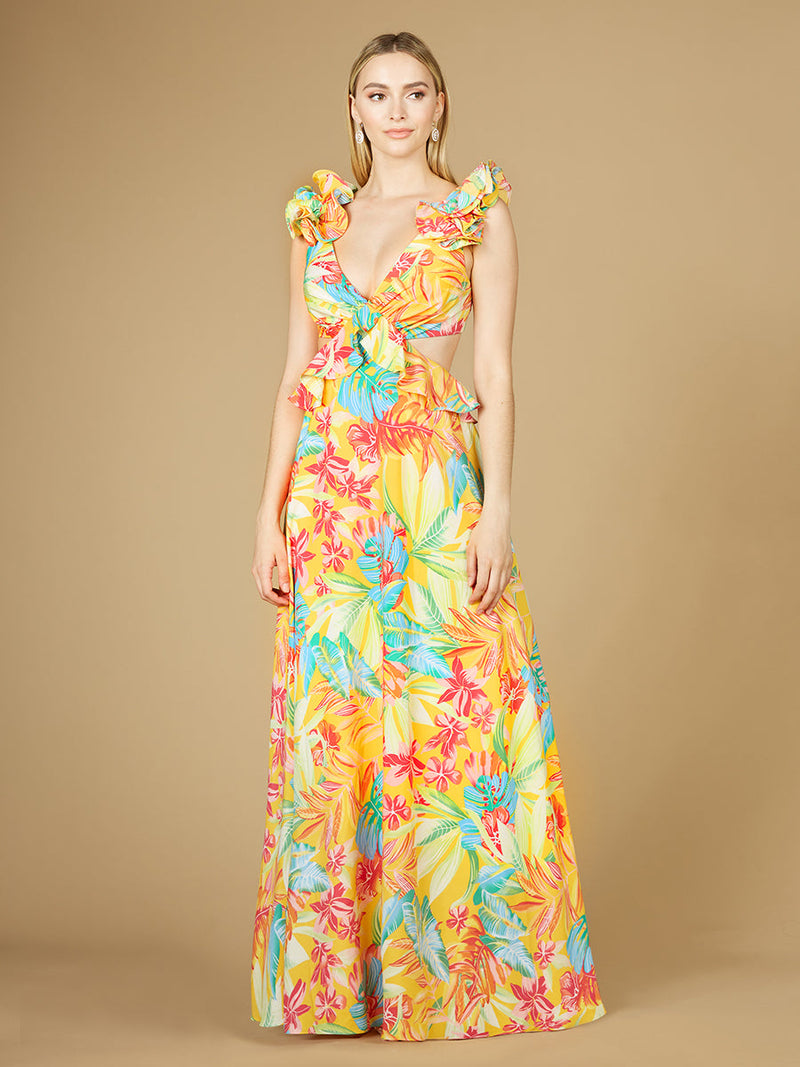 V-Neck Long Print Gown with Ruffled Straps - OUTLET