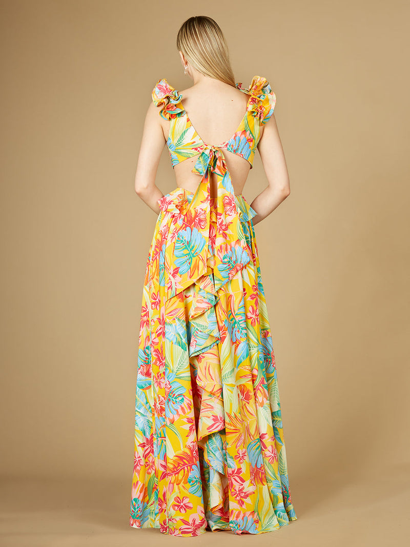 V-Neck Long Print Gown with Ruffled Straps - OUTLET