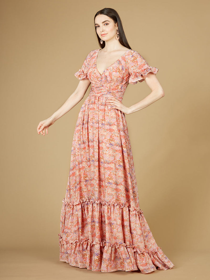 Long Print Gown with Cap Sleeves - OUTLET