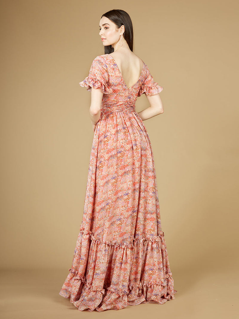 Long Print Gown with Cap Sleeves - OUTLET