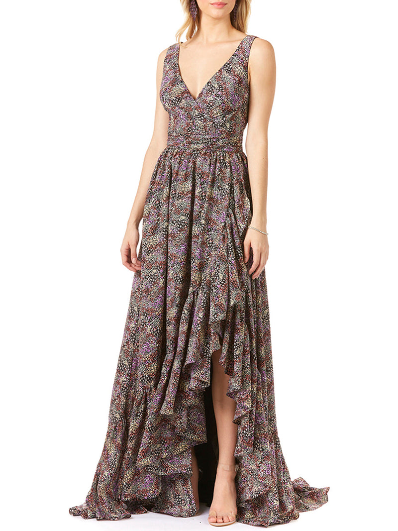 V-Neck Long Print Gown Hi-Low Wrap OUTLET