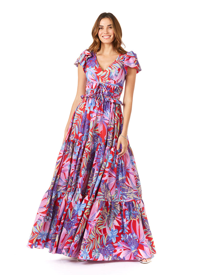 V-Neck Long Print Gown with Cap Sleeves - OUTLET