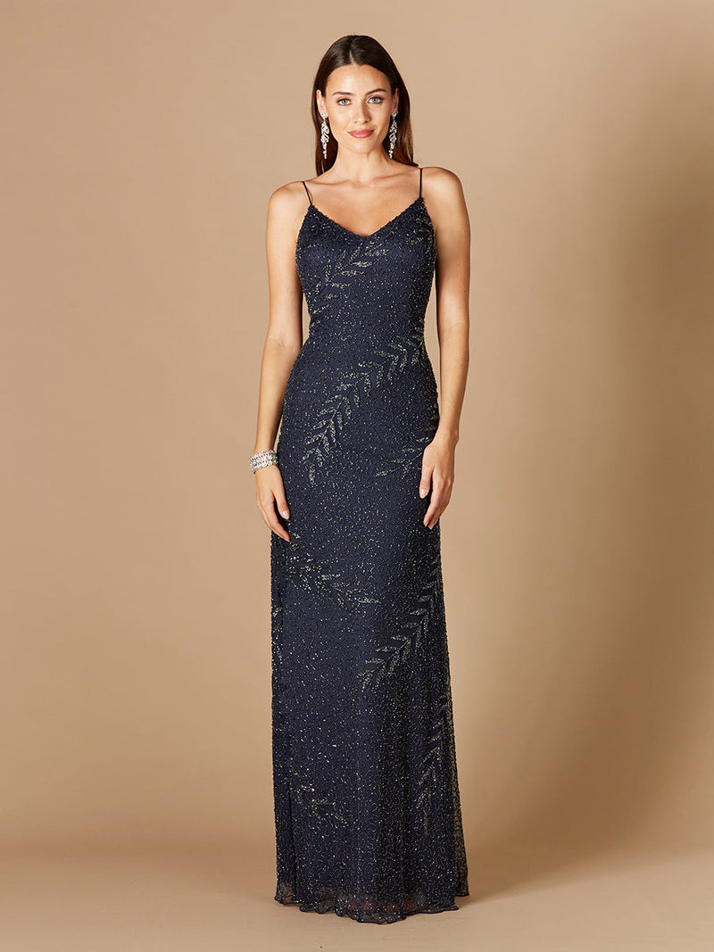Beaded Spaghetti Strap Navy Full-Length Gown
