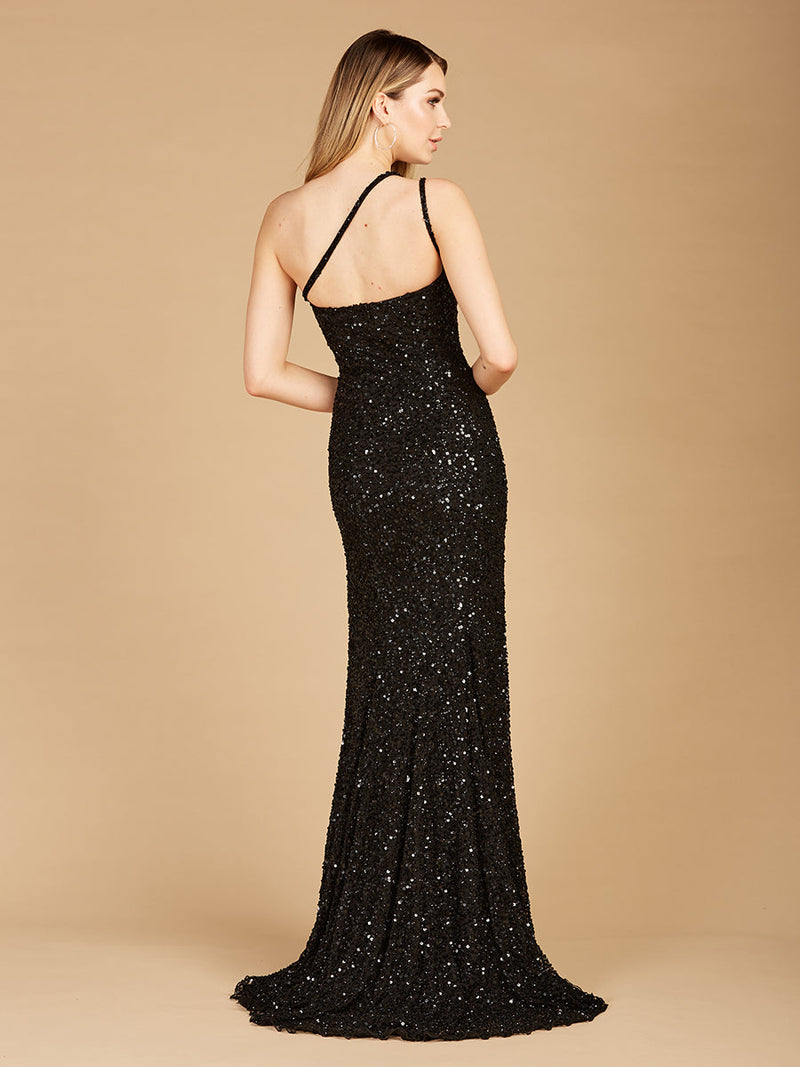 One-Shoulder Beaded Gown with Slit