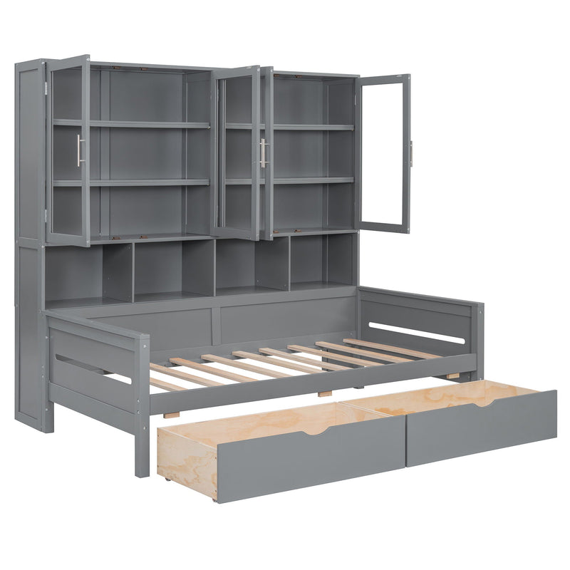 Daybed With Glass Door Storage Cabinets, Built In LED Lighting And Shelves