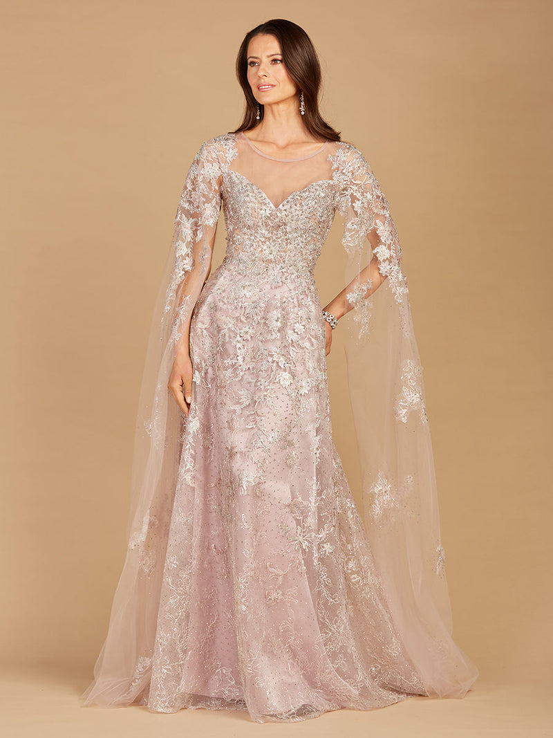 Lace Gown with Cape Sleeves, Sweetheart Neckline