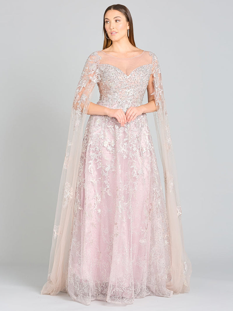 Lace Gown with Cape Sleeves, Sweetheart Neckline