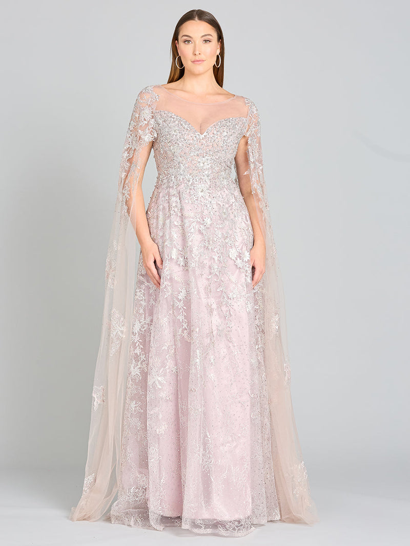 Lace Gown with Cape Sleeves, Sweetheart Neckline