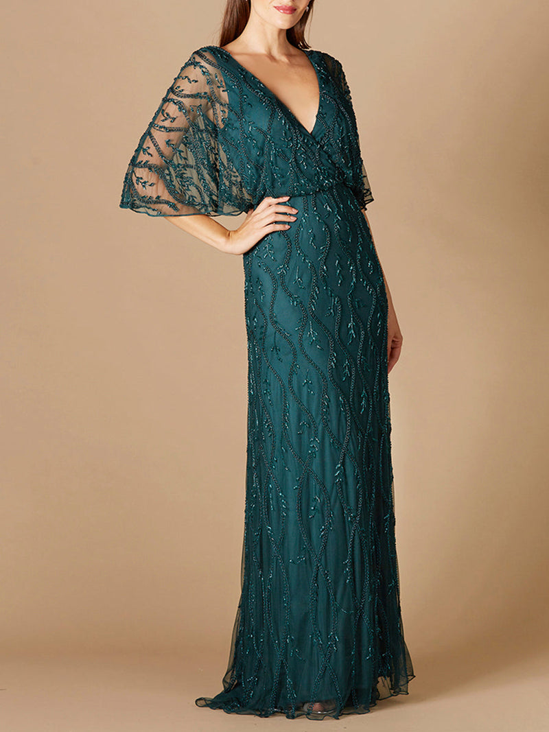 Illusion Cape Sleeve Beaded Gown