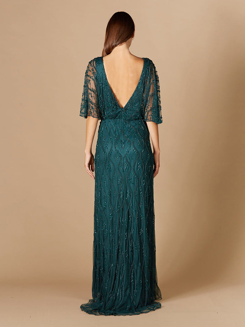 Illusion Cape Sleeve Beaded Gown