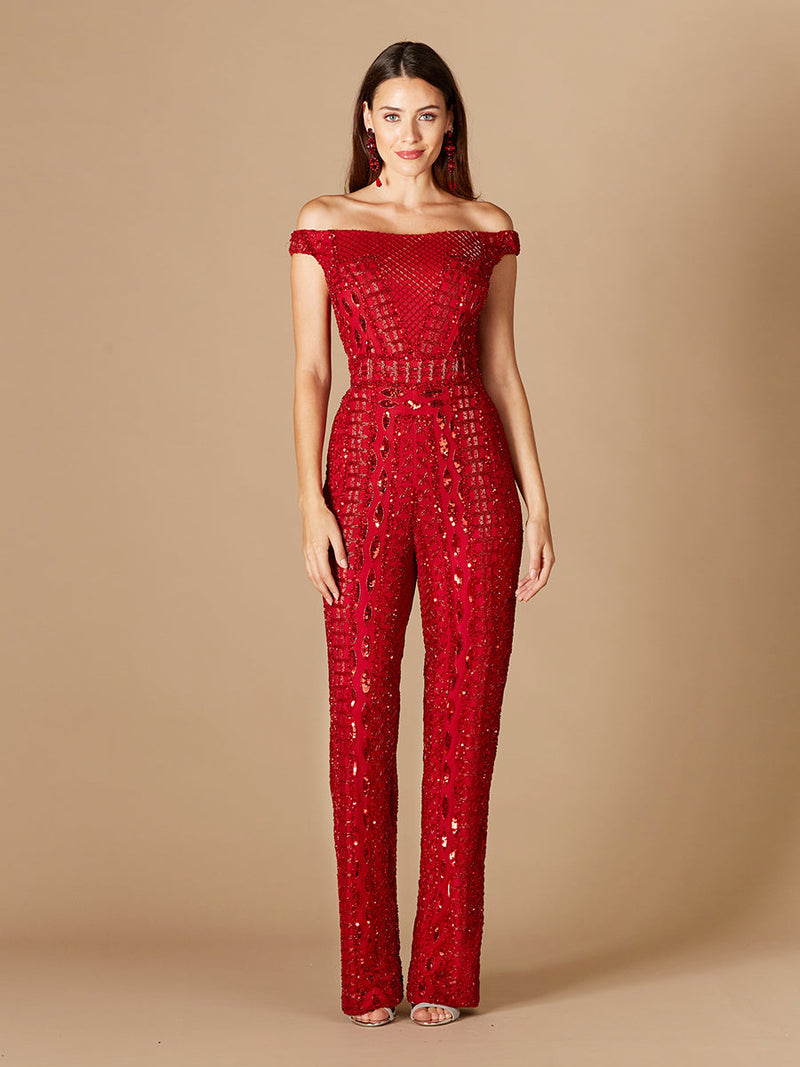 Beaded Off Shoulder Jumpsuit