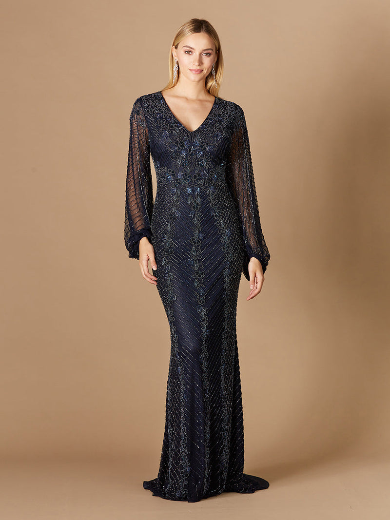 Long Sleeve Beaded Gown