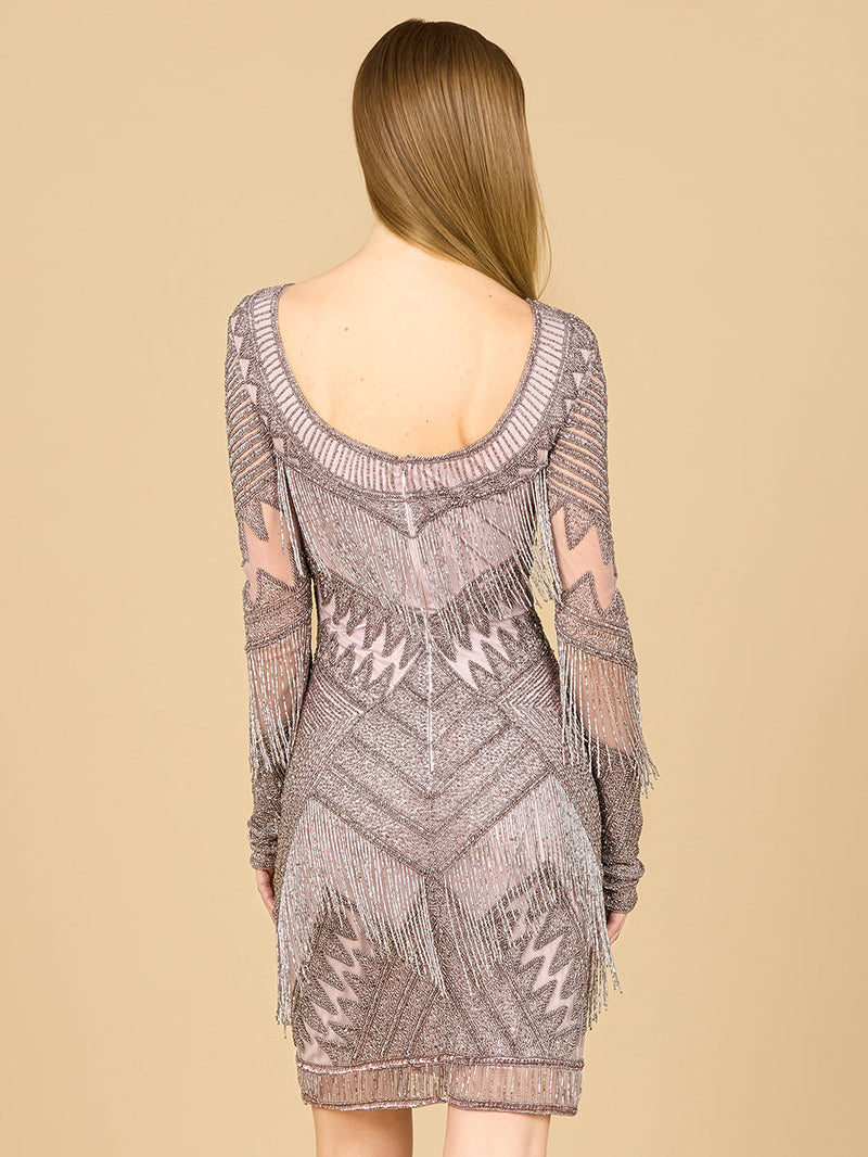 Long Sleeve Beaded V-Neck Fringe Cocktail Mini OUTLET