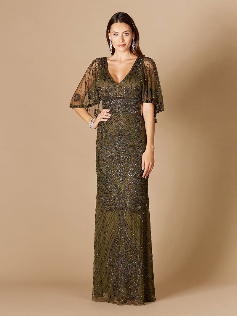 Cape Sleeve V-Neck Beaded Gown