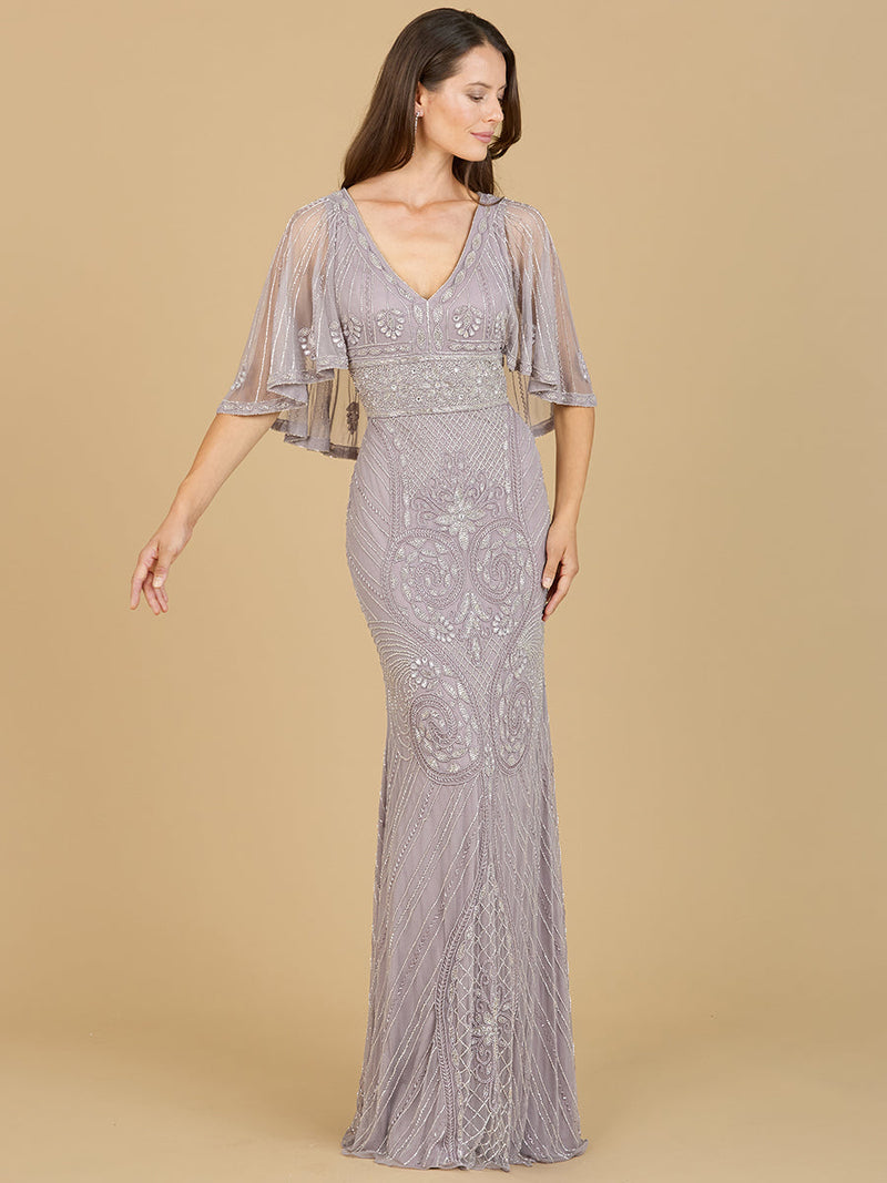Cape Sleeve V-Neck Beaded Gown