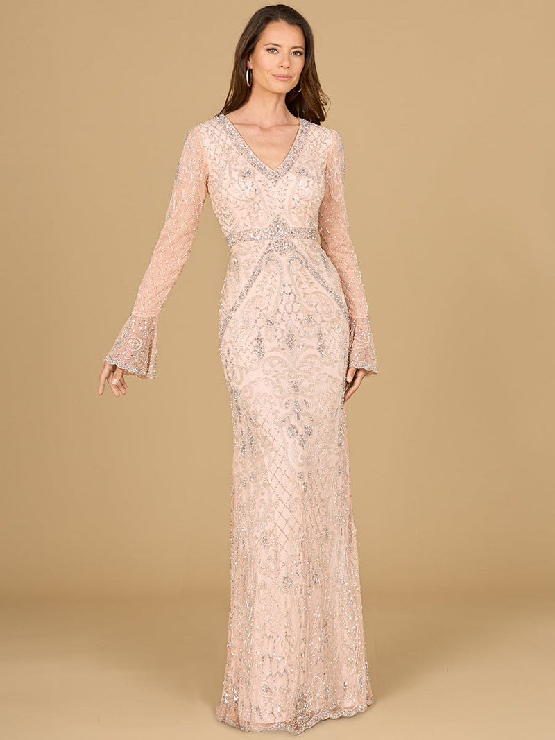 Long Bell Sleeve V-Neck Beaded Gown