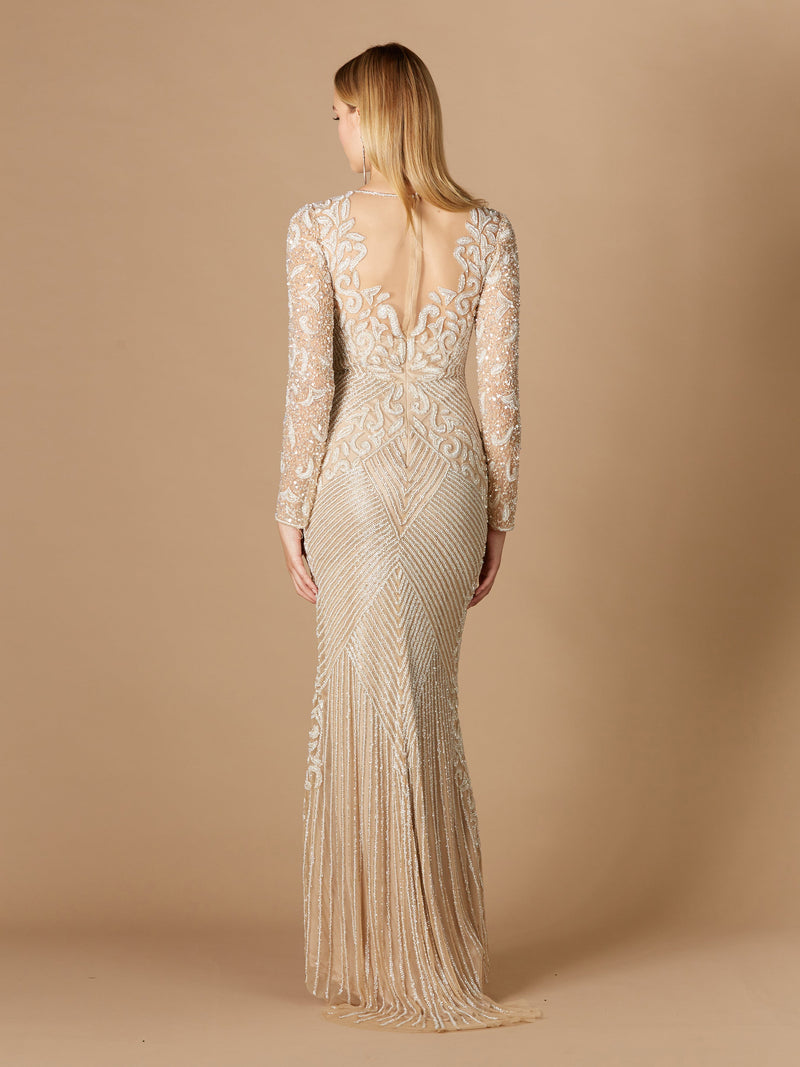 Fitted Long Sleeve Beaded Gown