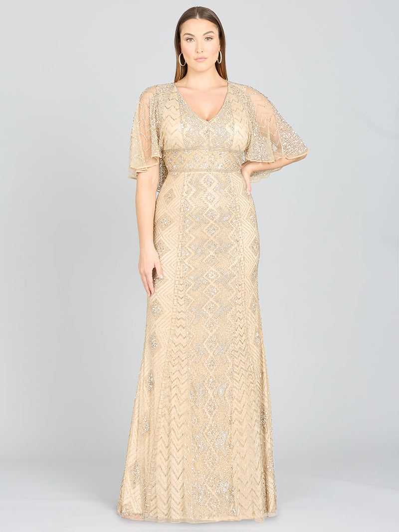 Lara 29397 - Cape Sleeve V-Neck Beaded Gown  - OUTLET