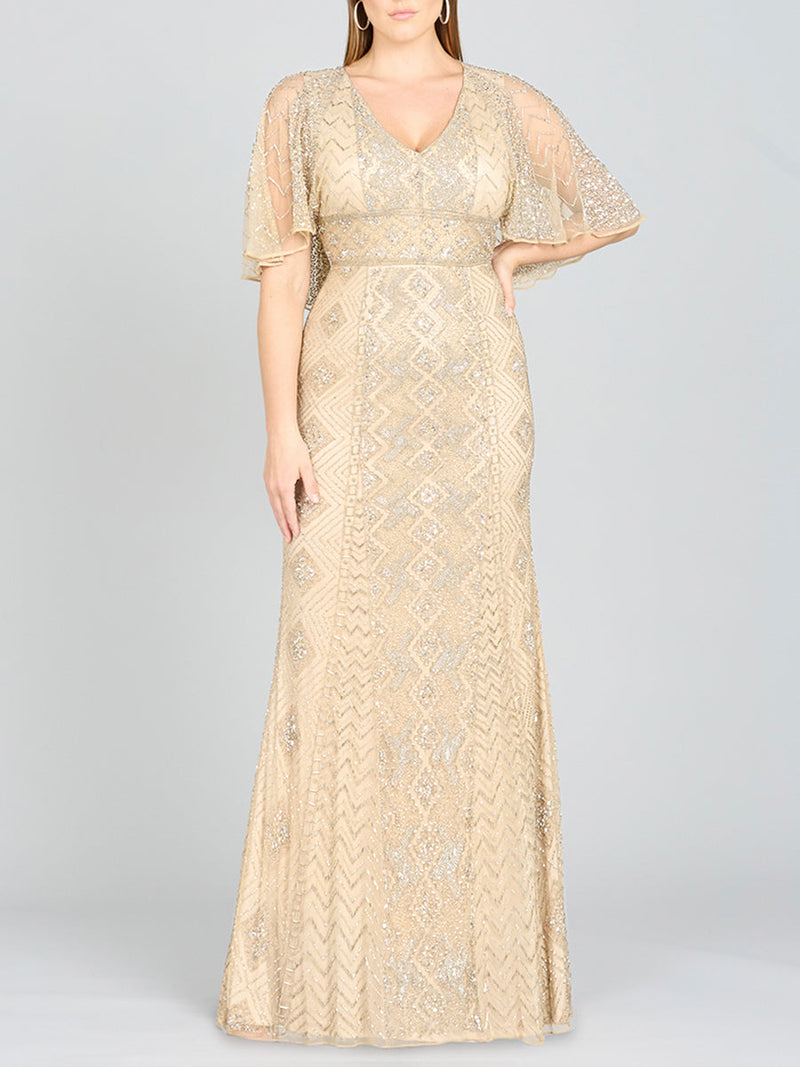 Lara 29397 - Cape Sleeve V-Neck Beaded Gown  - OUTLET