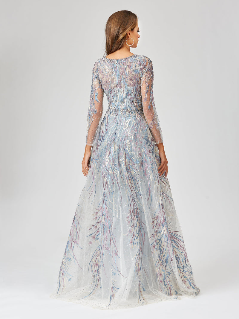 Long Sleeve Lace Gown with Overskirt