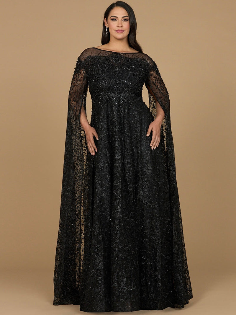 Lace Gown with Dramatic Cape Sleeves