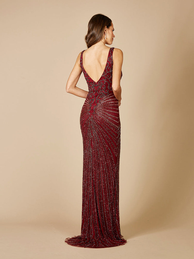 Lara 29528 - Thigh High Slit Beaded Gown