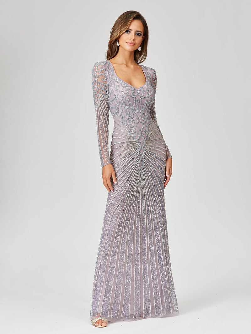 Lara 29602 - V Neck Beaded Long Sleeve Dress