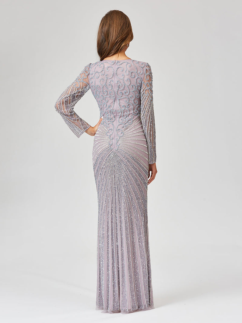 Lara 29602 - V Neck Beaded Long Sleeve Dress