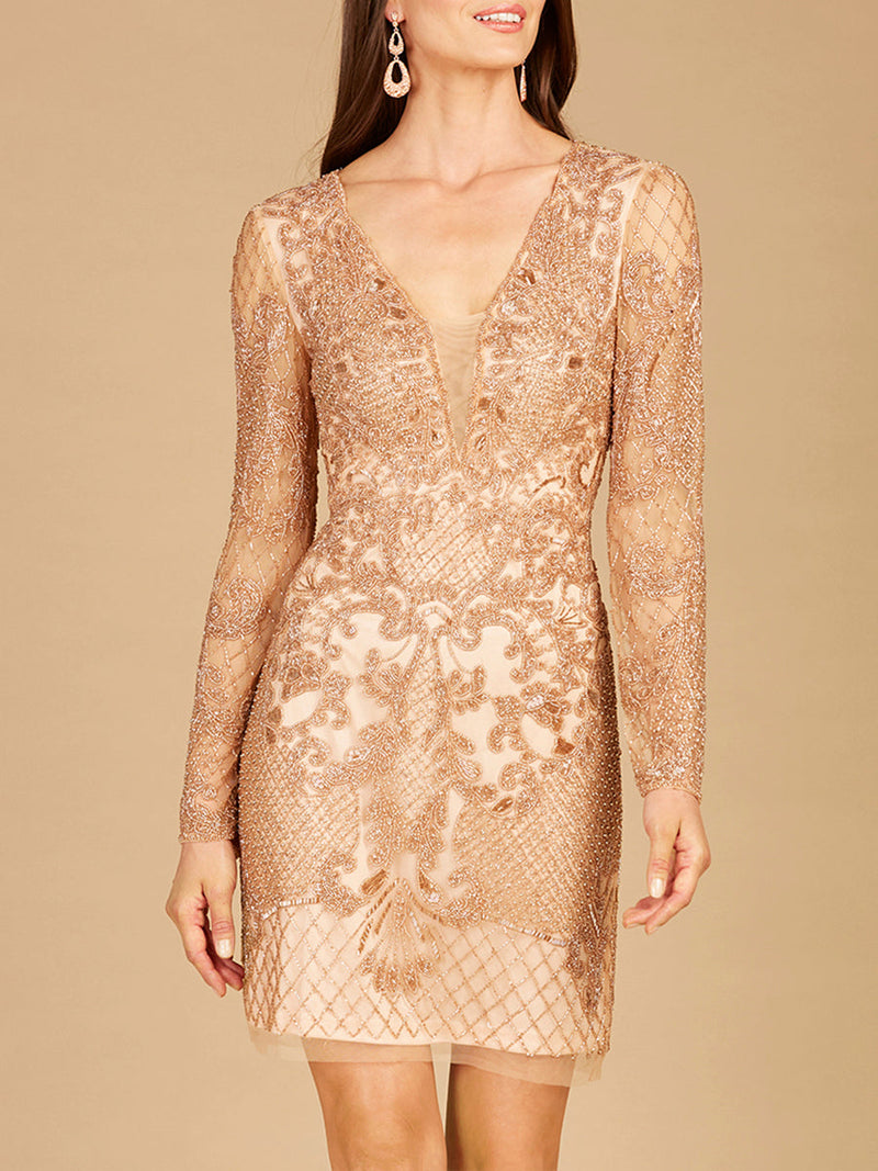 Lara 29610 - Long Sleeve Beaded Cocktail Dress