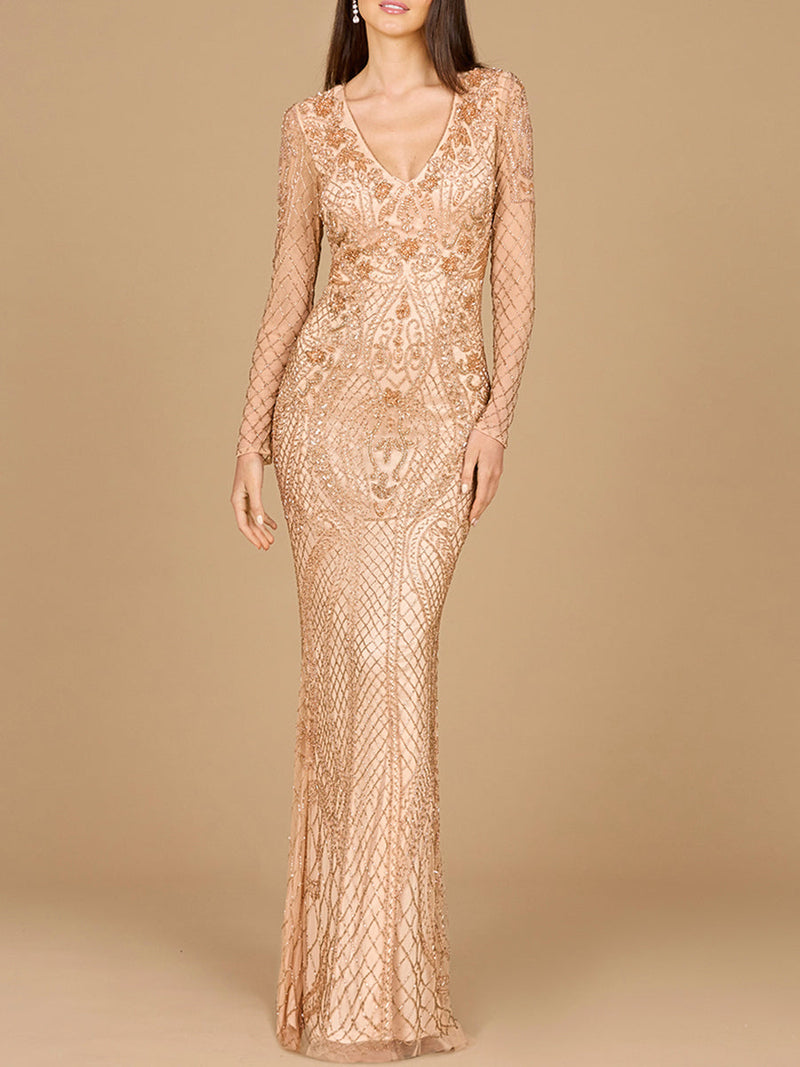 Lara 29615 - Long Sleeve Beaded Dress