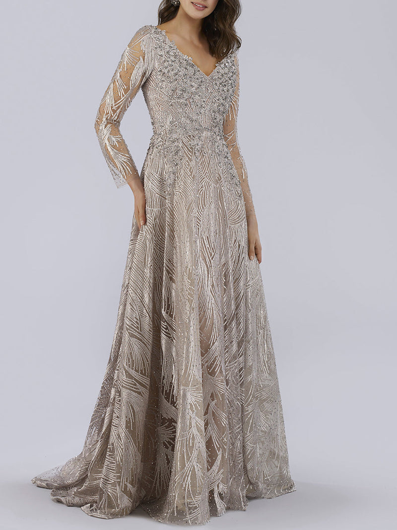 Lara 29753 - Long Sleeves Beaded Ballgown