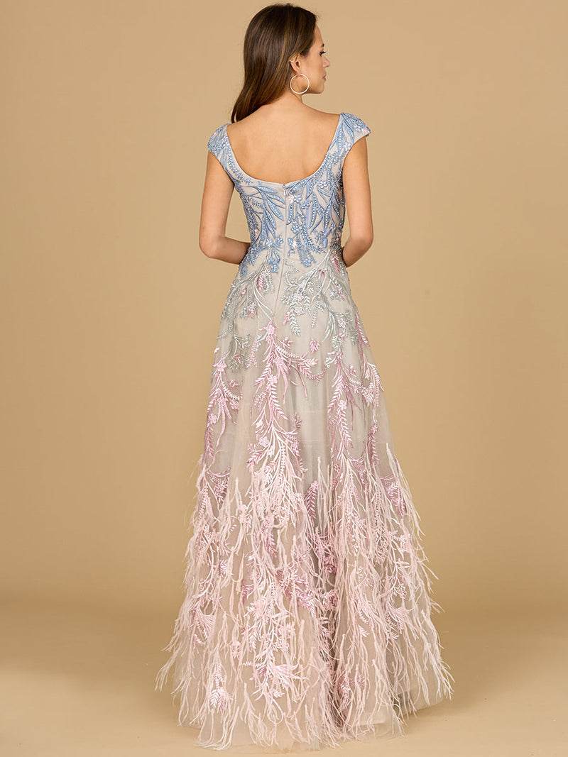 Lara 29783 - Cap Sleeves Feather Detail Ballgown